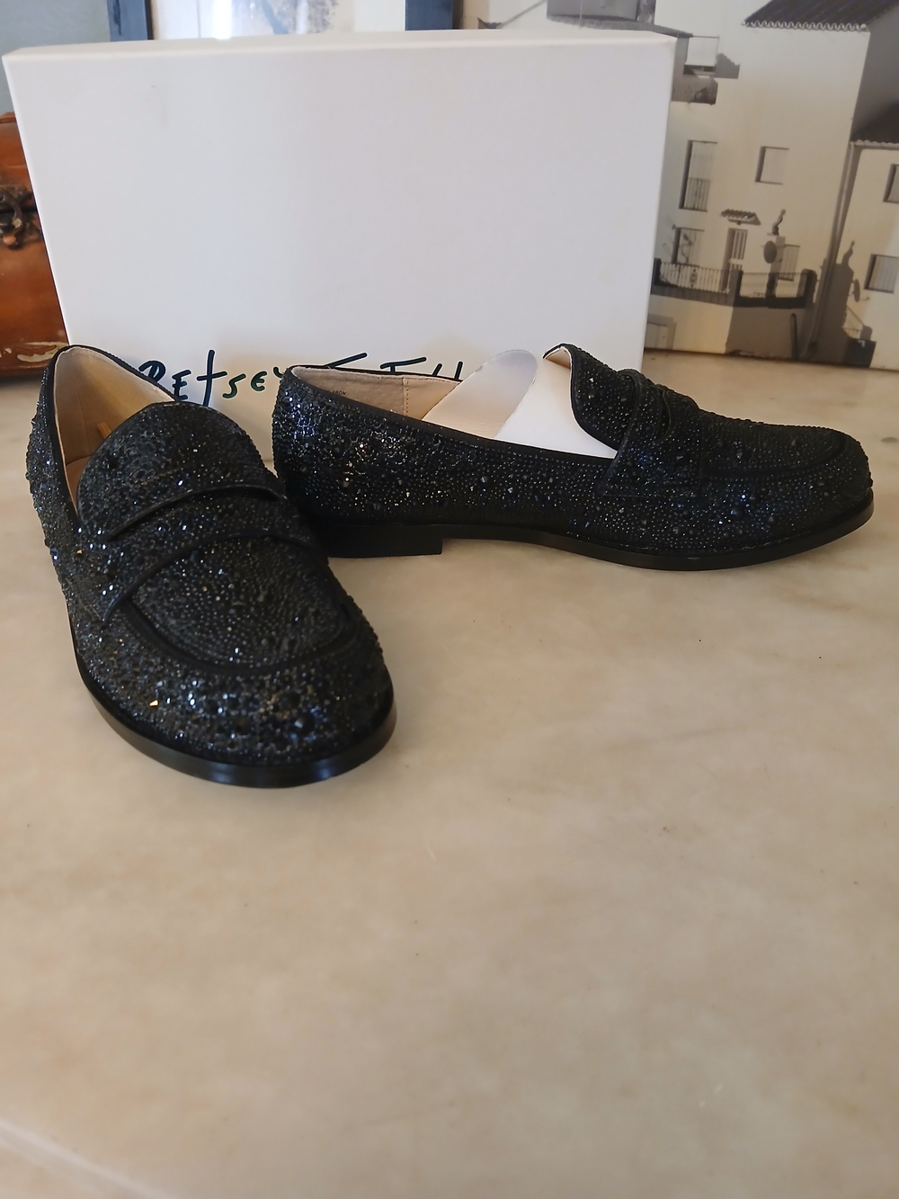 Betsey Johnson Black Glass Penny Loafers "ARON" 8.5 NIB